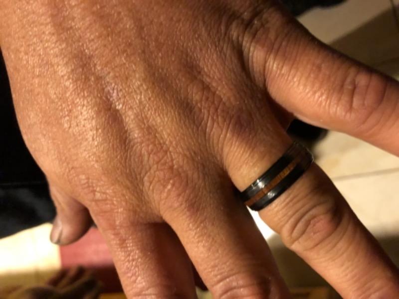 Black Tungsten Carbide Cross Brush Finish Ring with Hawaiian Koa Wood Inlay - 8mm, Flat Shape, Comfort Fitment - Customer Photo From Carmela C.