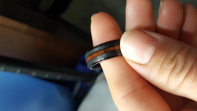 Black Tungsten Carbide Cross Brush Finish Ring with Hawaiian Koa Wood Inlay - 8mm, Flat Shape, Comfort Fitment - Customer Photo From Rachel E.