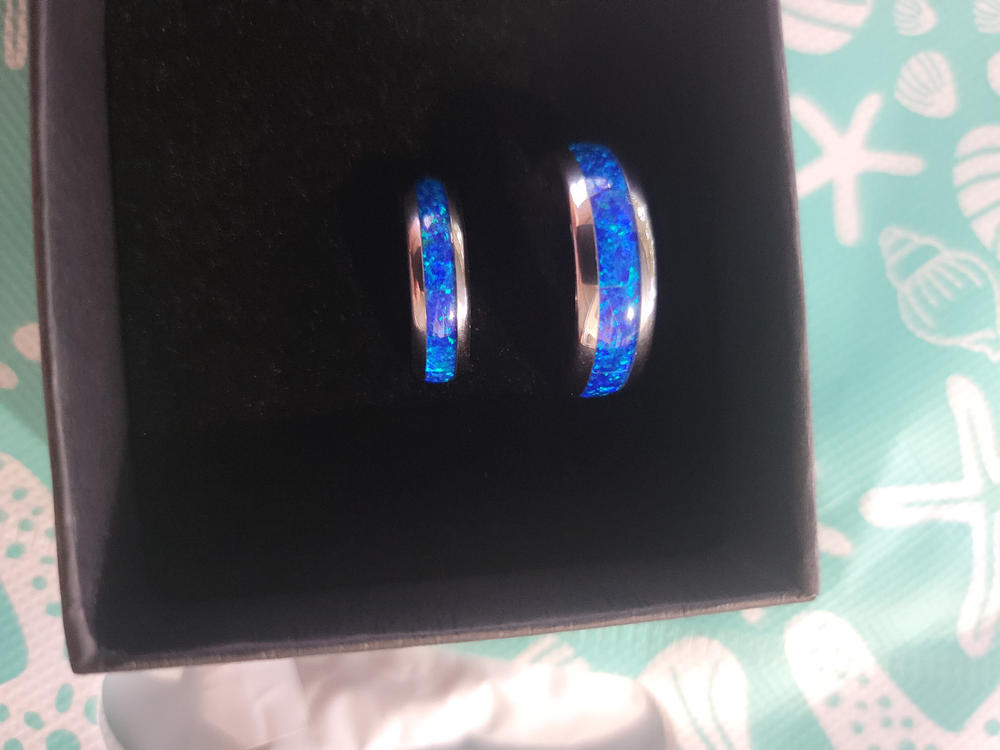 Pair of Blue Opal Tungsten Carbide Wedding Ring Set - 6&8mm, Dome Shape, Comfort Fitment - Customer Photo From Pamela Johnson