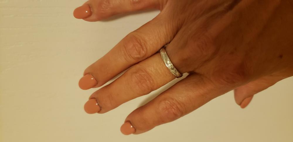 Hawaiian Hand Engraved Silver Flat Ring - 4x2mm, Flat Shape, Standard Fitment - Customer Photo From Socorro Sanchez-Torres