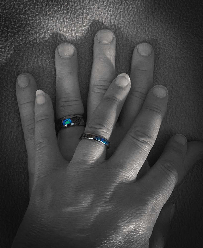Pair of 4&8mm Abalone Shell Tungsten Carbide Couple/Wedding Band Set - Dome Shape, Comfort Fitment - Customer Photo From Sharon D.