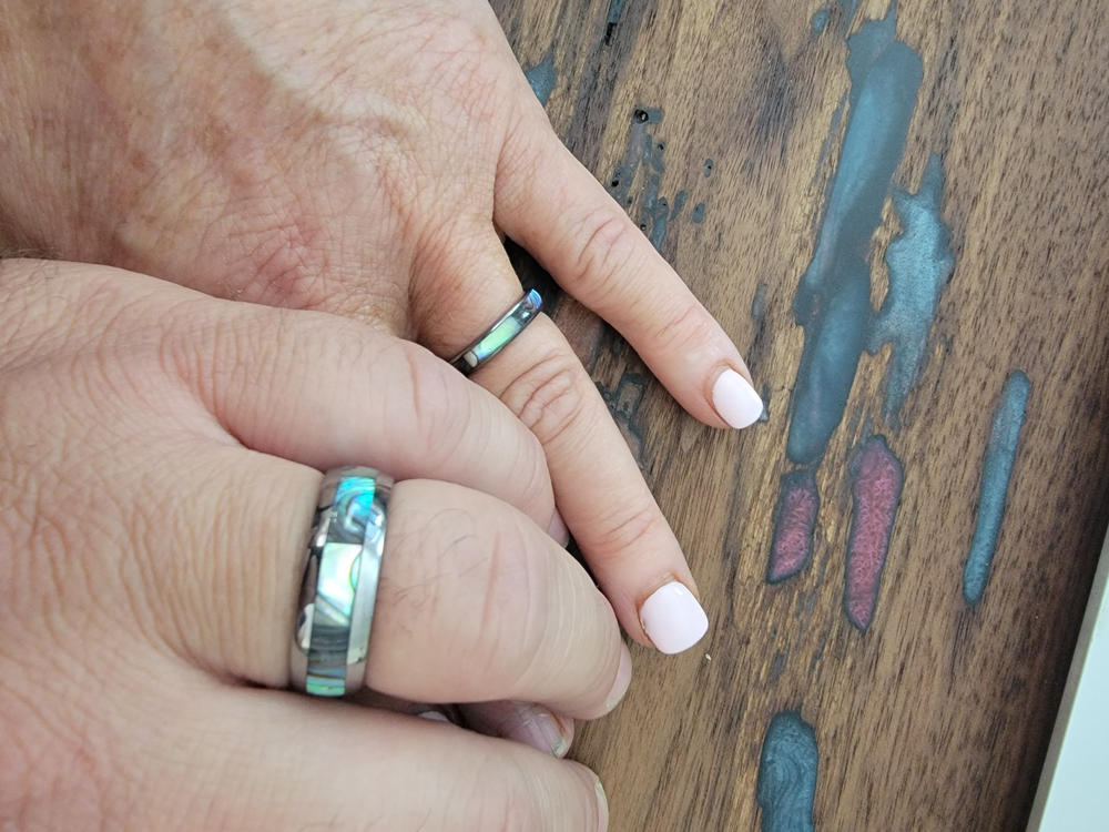 Pair of 4&8mm Abalone Shell Tungsten Carbide Couple/Wedding Band Set - Dome Shape, Comfort Fitment - Customer Photo From David Menet