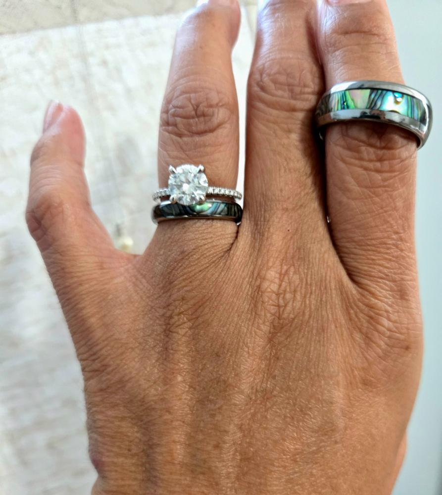 Pair of 4&8mm Abalone Shell Tungsten Carbide Couple/Wedding Band Set - Dome Shape, Comfort Fitment - Customer Photo From Maria Rios