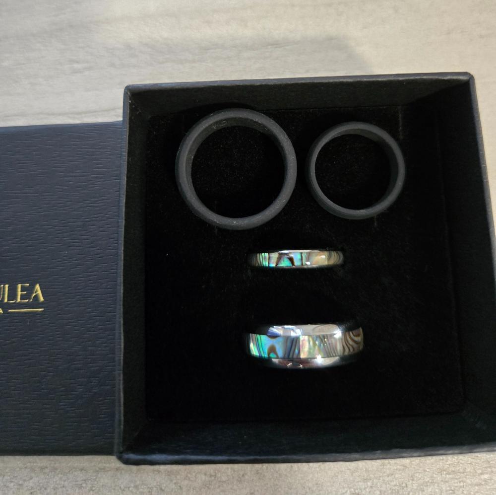 Pair of 4&8mm Abalone Shell Tungsten Carbide Couple/Wedding Band Set - Dome Shape, Comfort Fitment - Customer Photo From Maria Rios