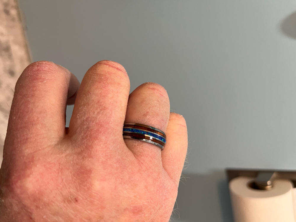 Pair of 6 & 8mm Width Tungsten Couple/Wedding Ring Set with Blue Opal and Koa Wood Tri Inlay - Dome Shape, Comfort Fitment - Customer Photo From Darryl Rockfield