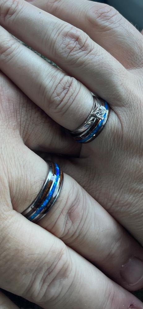 Pair of 6 & 8mm Width Tungsten Couple/Wedding Ring Set with Blue Opal and Koa Wood Tri Inlay - Dome Shape, Comfort Fitment - Customer Photo From Gregory Guenther