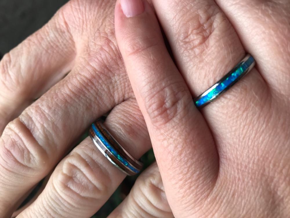 Petite Tungsten Carbide Blue Opal Ring - 3mm, Dome Shape, Comfort Fitment - Customer Photo From Heather D.