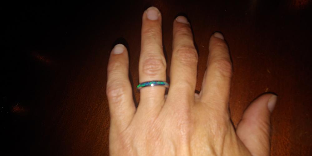 Petite Tungsten Carbide Blue Opal Ring - 3mm, Dome Shape, Comfort Fitment - Customer Photo From Trudy W.