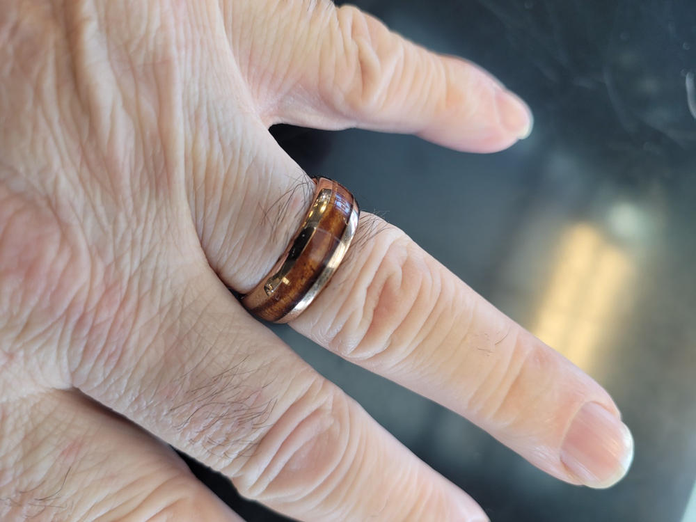 Tungsten Carbide Rose Gold Ring / Hawaiian Koa Wood / 8mm Width - Barrel Shape, Comfort Fitment - Customer Photo From GERALD BEYL