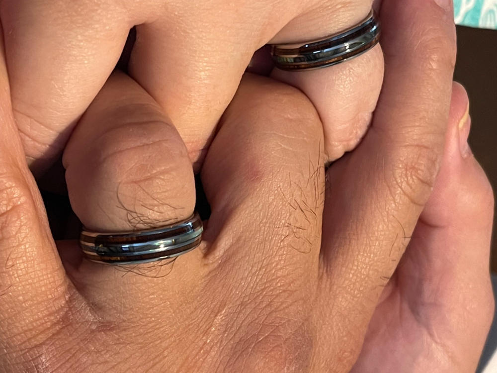 Tungsten Carbide Ring with Koa Wood & Abalone Shell Tri Inlay - 6mm, Dome Shape Comfort Fitment - Customer Photo From Rebecca Arman