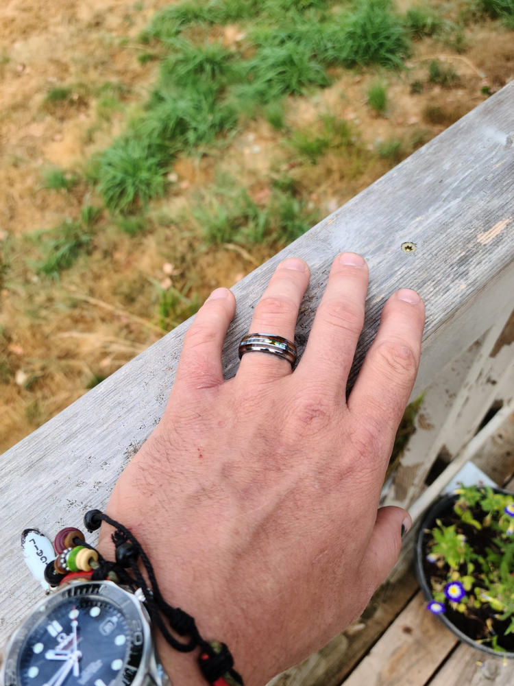 Tungsten Carbide Ring with Koa Wood & Abalone Shell Tri Inlay - 6mm, Dome Shape Comfort Fitment - Customer Photo From Mike H.