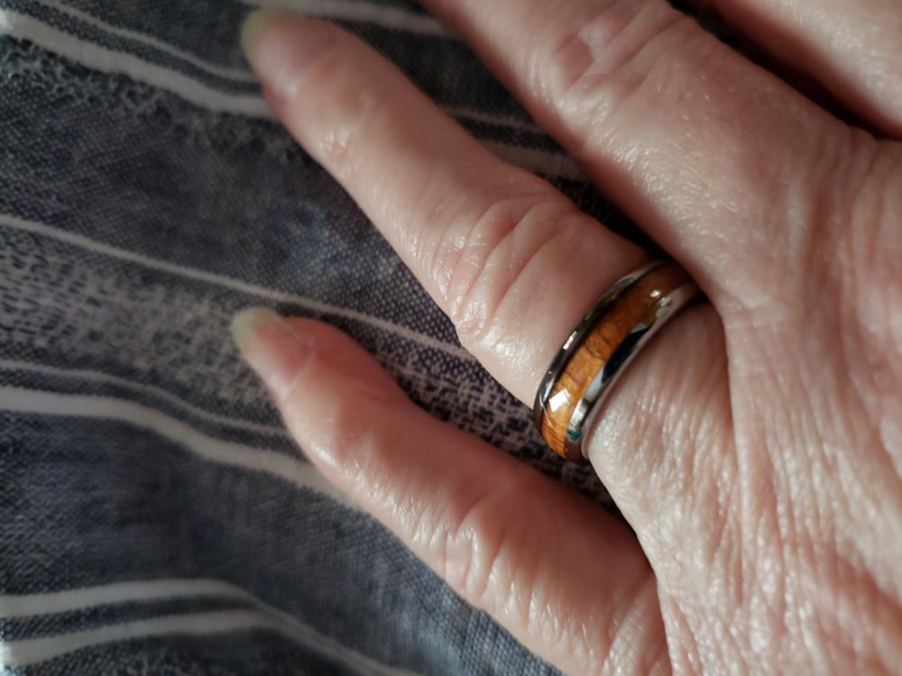 Tungsten Carbide Ring with Koa Wood Inlay, 6mm, Dome Shape, Comfort Fitment - Customer Photo From Kimberly B.