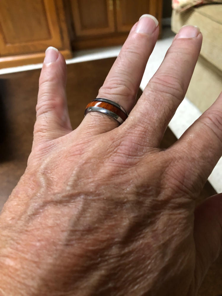 Tungsten Carbide Ring with Koa Wood Inlay, 8mm, Dome Shape, Comfort Fitment - Customer Photo From Thomas Paradiso