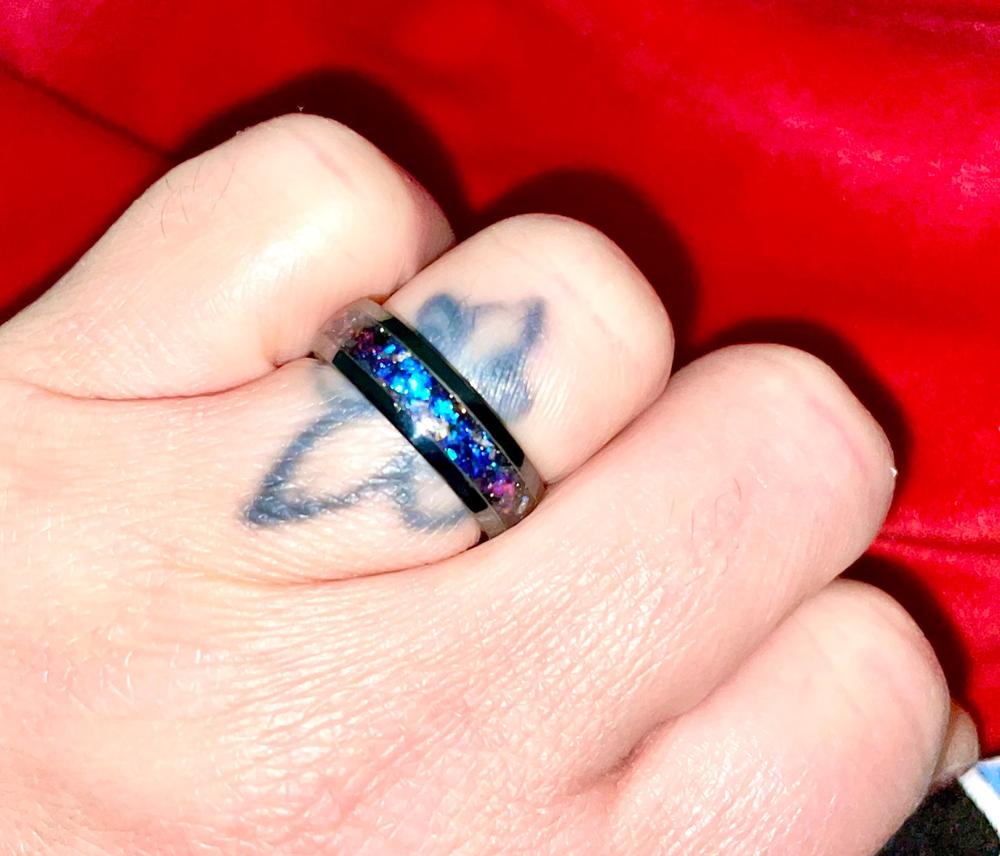 Black Titanium Ring [8mm width] Blue Fire Opal & Meteorite - Customer Photo From Heidi Joiner