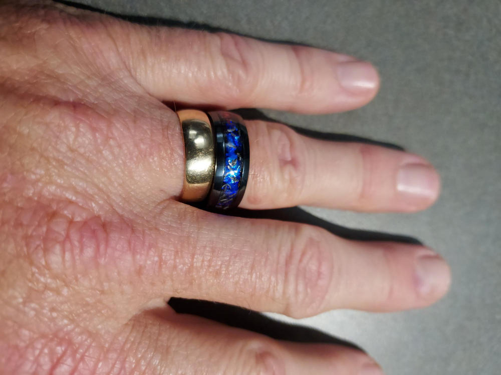 Black Titanium Ring [8mm width] Blue Fire Opal & Meteorite - Customer Photo From Craig Williams