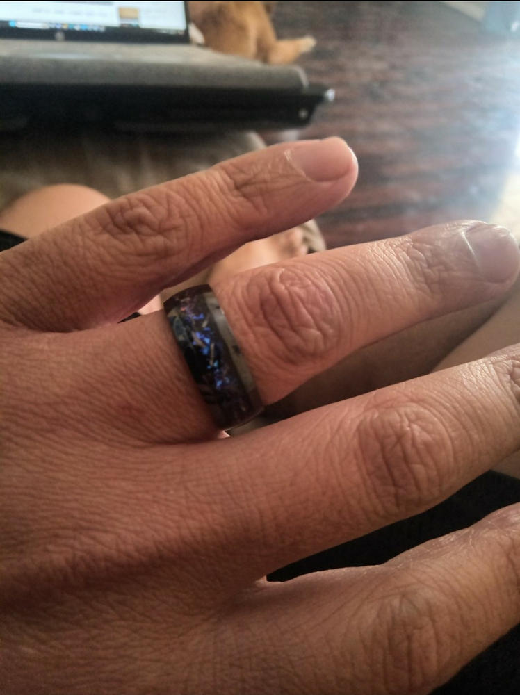Black Titanium Ring [8mm width] Blue Fire Opal & Meteorite - Customer Photo From Laura Terrell