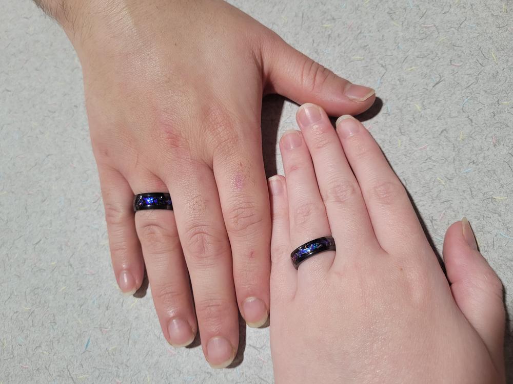 Pair of Blue Fire Opal & Meteorite [6 & 8mm] Black Titanium Ring Set - Customer Photo From Ellie