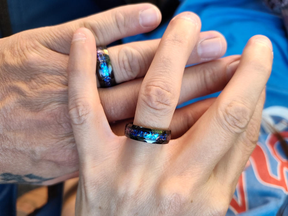 Pair of Blue Fire Opal & Meteorite [6 & 8mm] Black Titanium Ring Set - Customer Photo From Brian Mosser