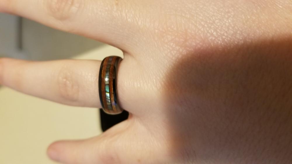 Pair of 6 & 8mm Black Ceramic Ring with Mid-Abalone Shell and Koa Wood Inlay, Barrel Style, Comfort Fitment - Customer Photo From Kailah C.