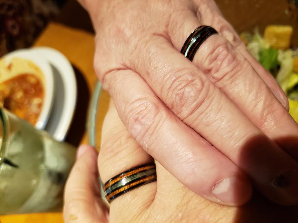 Pair of 6 & 8mm Black Ceramic Ring with Mid-Abalone Shell and Koa Wood Inlay, Barrel Style, Comfort Fitment - Customer Photo From Daniel J.