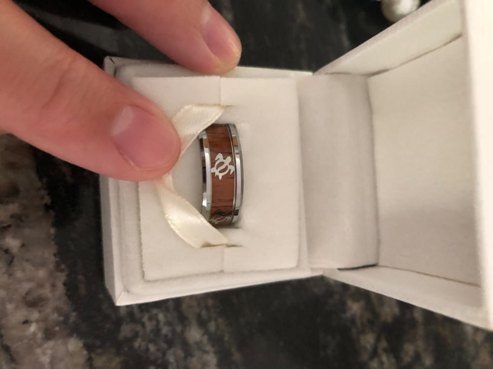 Tungsten 8mm Ring with Hawaiian Sea Turtle Pattern and Koa Wood Inlay, Flat Style Beveled Edges, Comfort Fitment - Customer Photo From Lindsay Foster
