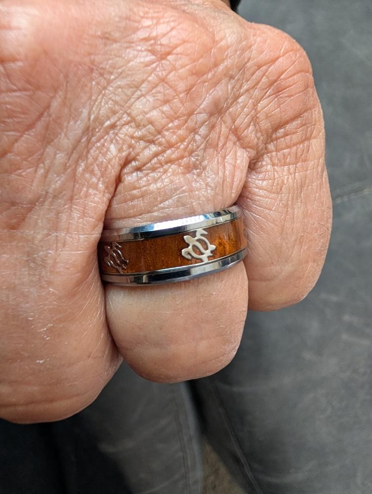 Tungsten 8mm Ring With Hawaiian Sea Turtle Pattern & Koa Wood Inlay