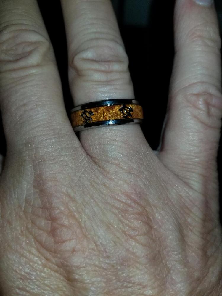 Tungsten 8mm Ring with Hawaiian Sea Turtle Pattern and Koa Wood Inlay, Flat Style Beveled Edges, Comfort Fitment - Customer Photo From Kirk C.