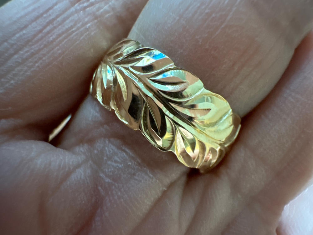 14K White Gold Ring Hand Engraved Old English Design - 8mm, Dome Shape, Comfort Fitment - Customer Photo From Susan Evans