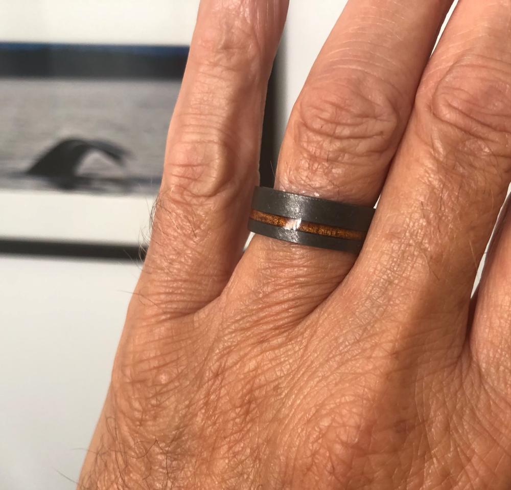 Black Zirconium Brushed Finished Ring with Offset Koa Wood Inlay, 8mm, Comfort Fitment, Flat Shape - Customer Photo From Tony Smith