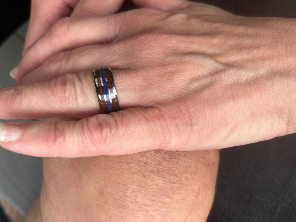 Tungsten Carbide Ring with Koa Wood & Lapis Lazuli Tri Inlay - 8mm, Dome Shape, Comfort Fitment - Customer Photo From Jim Edyburn