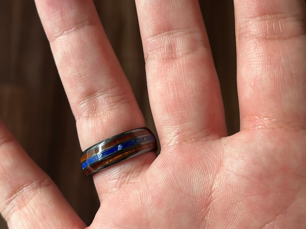Tungsten Carbide Ring with Koa Wood & Lapis Lazuli Tri Inlay - 8mm, Dome Shape, Comfort Fitment - Customer Photo From Matt
