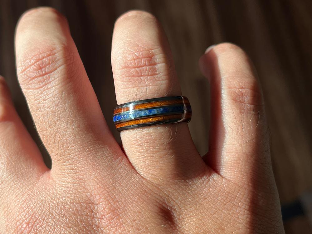 Tungsten Carbide Ring with Koa Wood & Lapis Lazuli Tri Inlay - 8mm, Dome Shape, Comfort Fitment - Customer Photo From Matt