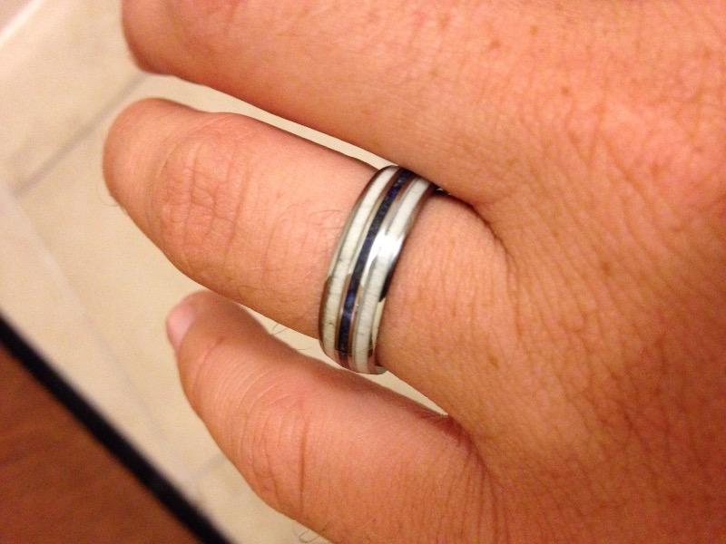 TUNGSTEN CARBIDE RING WITH CRUSHED LAPIS LAZULI & ANTLER TRI-INLAY - 6MM, DOME SHAPE, COMFORT FITMENT - Customer Photo From Dustin W.