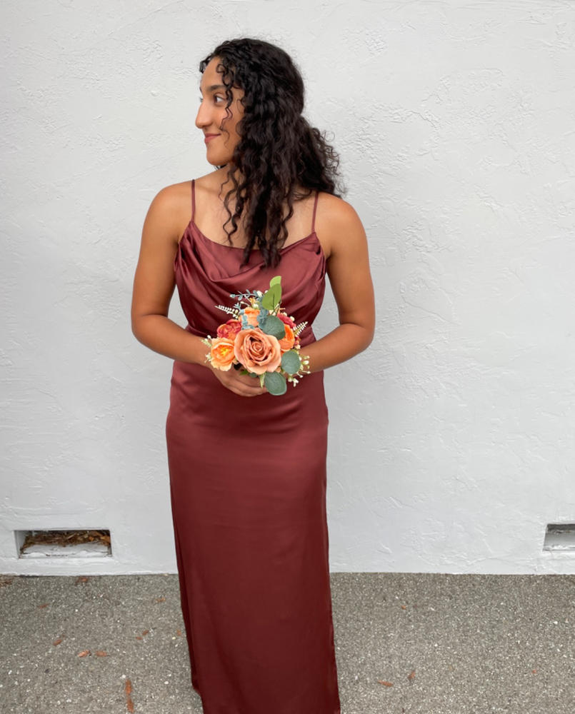 Sicily Satin Maxi Dress, Rust