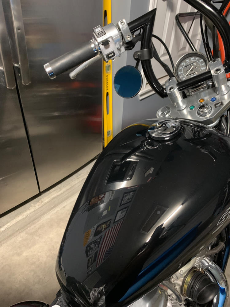 Round Motorcycle Mirror - Clamp On - Black with Retro Blue Glass - Customer Photo From Carlos andino (carand-82)