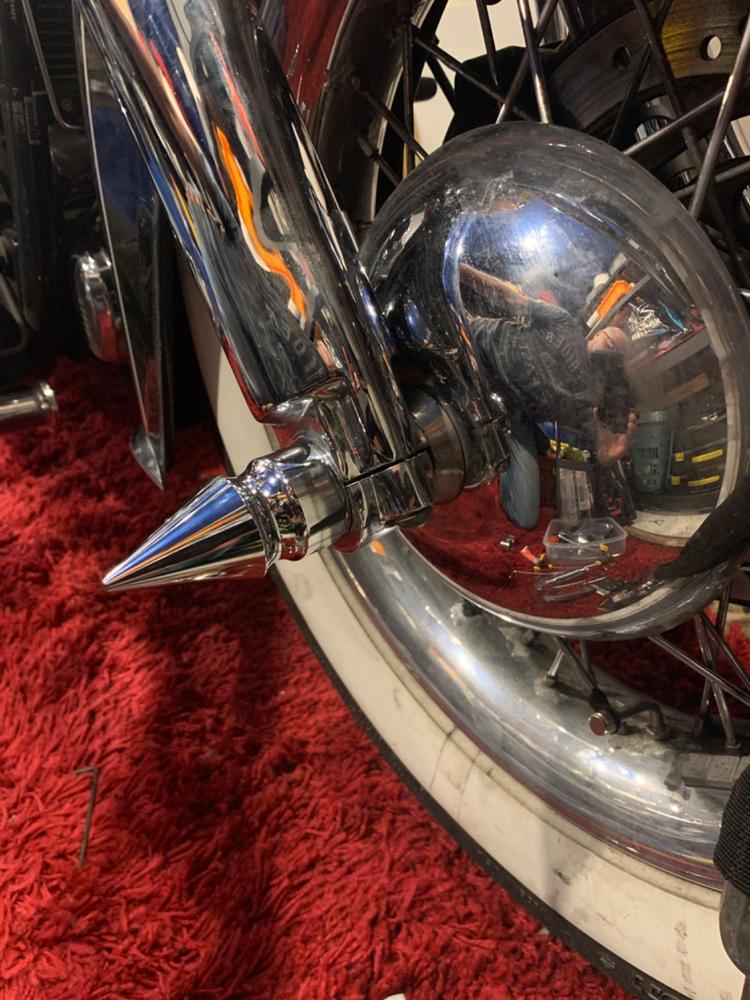 #2536-2 Pike Nut Front Axle Covers 2007-Up Harley-Davidson Softail 2008-Up Touring/Dyna/Sportster - Chrome Plated - Customer Photo From David Kersh