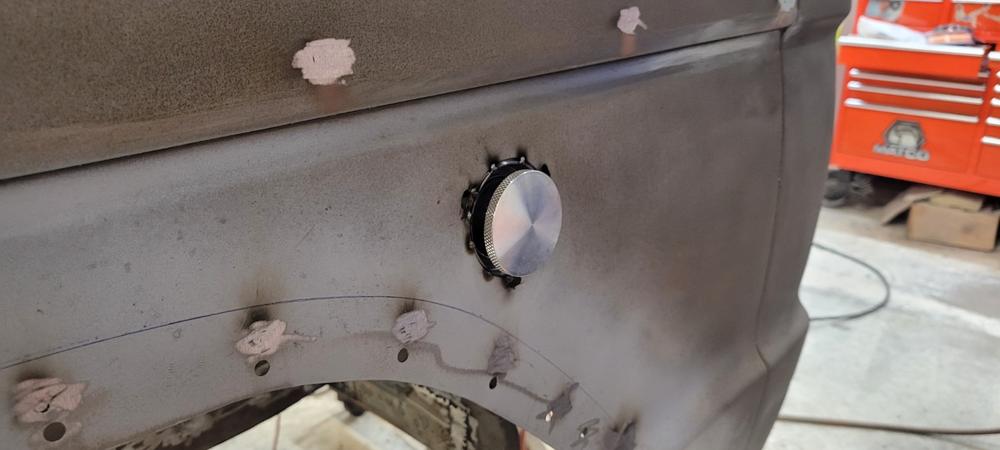 Custom Flush Mount Aluminum Pop-Up Gas Cap and Weld In Bung - Customer Photo From Byron Coffelt
