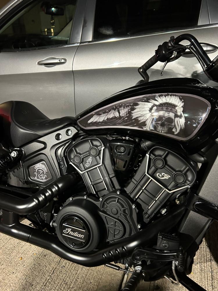 Indian Scout Mid-Frame Insert - Skull Warbonnet 120 B&W - Customer Photo From Christopher Cedeno