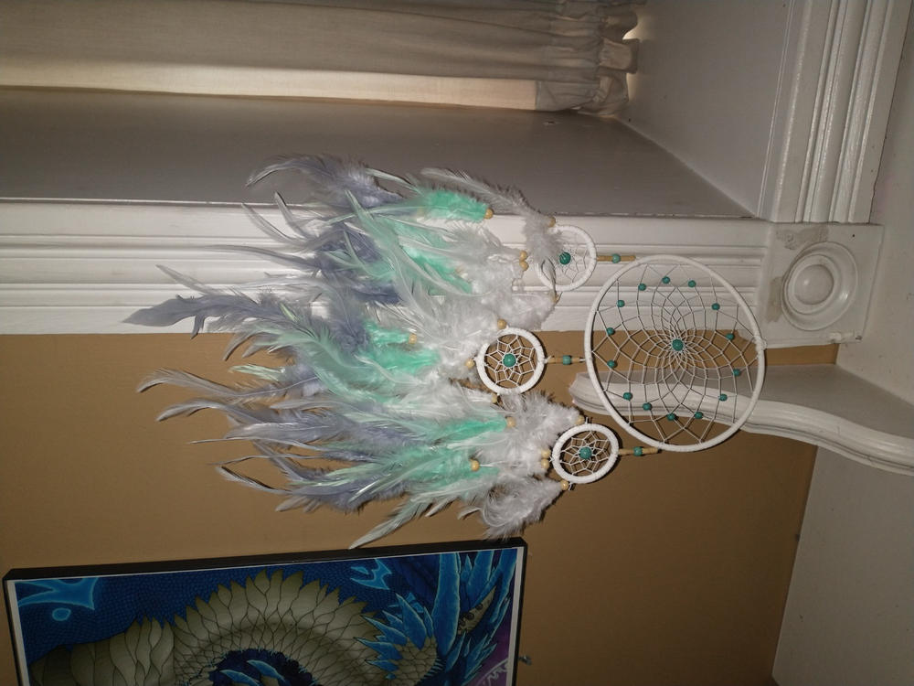 Ombre White Dreamcatcher With White Purple & Indigo Feathers Turquoise Beads - Customer Photo From - Cassandra Christ