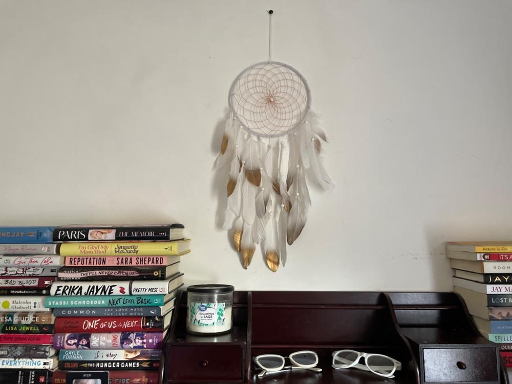 Halona White American Dreamcatcher With Gold Web and White Feathers & Golden Tips - Customer Photo From - Kevin Hon