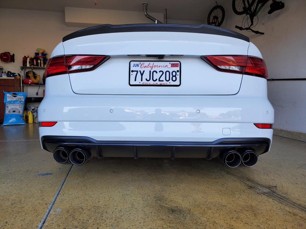 3" Cat Back, Quad Split Rear Exit, Valve Delete, T304 with Carbon Fiber Tips,  Audi S3 2015-2020 - Customer Photo From doug rosson