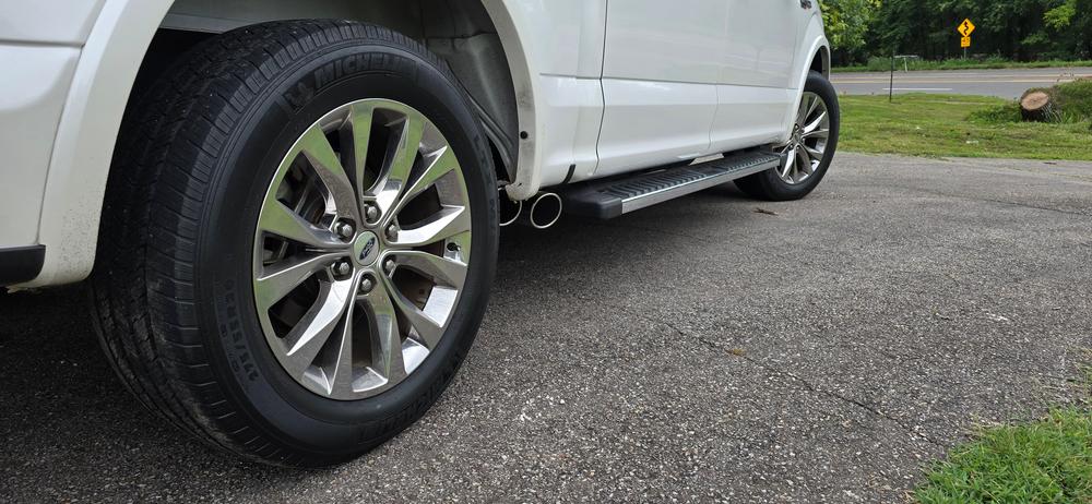 3" Cat Back, Single Side Dual Outlet in Front of Rear Wheel, AL, Race Version, Ford F-150 2015 - 2020 - Customer Photo From James Mueller