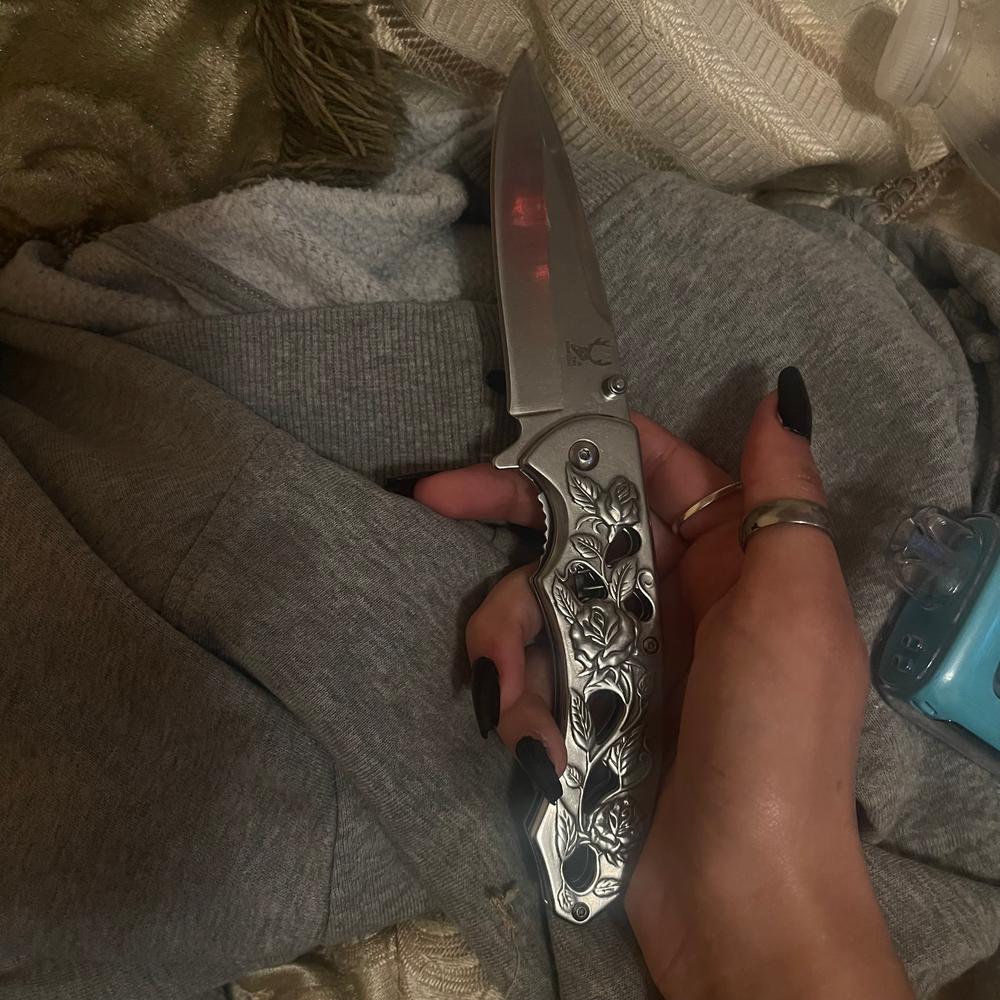 Steel Roses Mirror Finish Spring Assisted Pocket Knife Floral Handle - Customer Photo From Emily