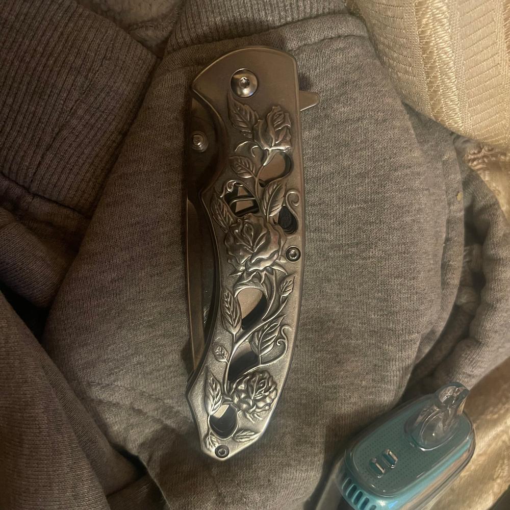 Steel Roses Mirror Finish Spring Assisted Pocket Knife Floral Handle - Customer Photo From Emily