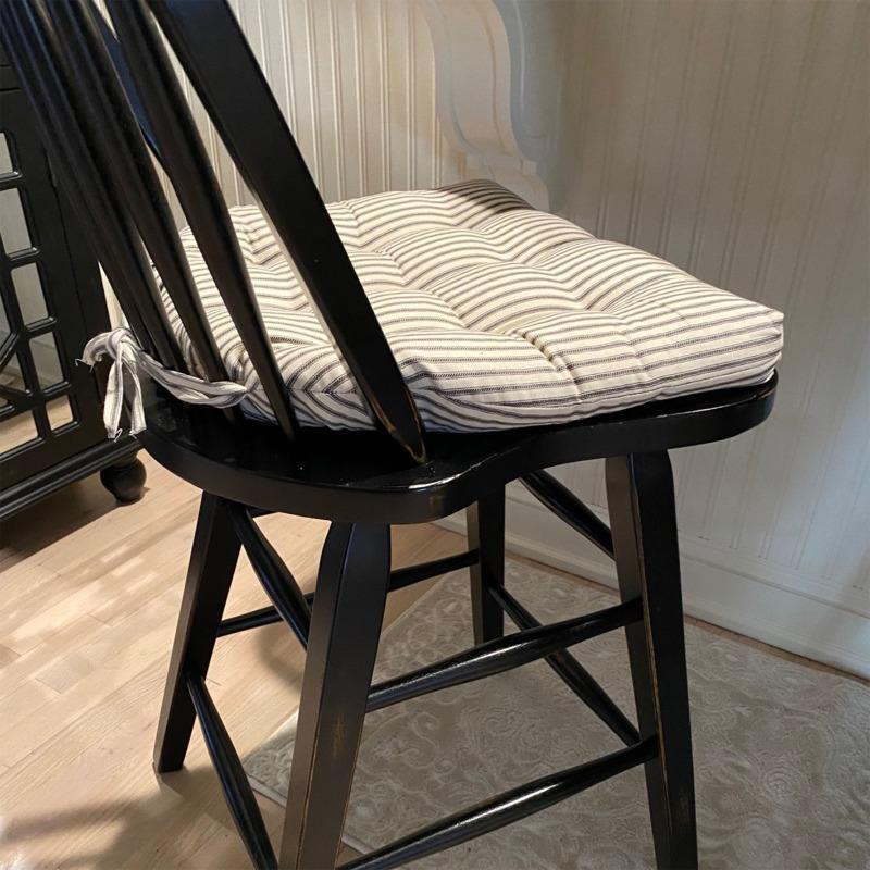 Ticking Stripe Black Dining Chair Pad Reversible, Latex Foam Fill