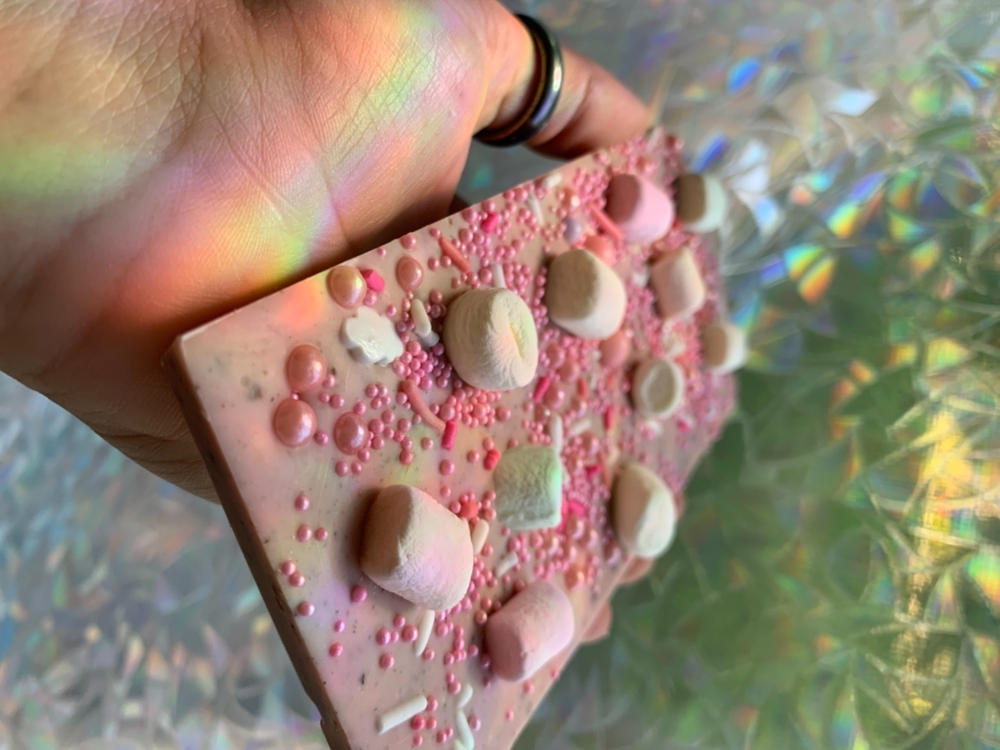 Artisanal Pink Mushroom Chocolate Bar - Customer Photo From bri medeiros