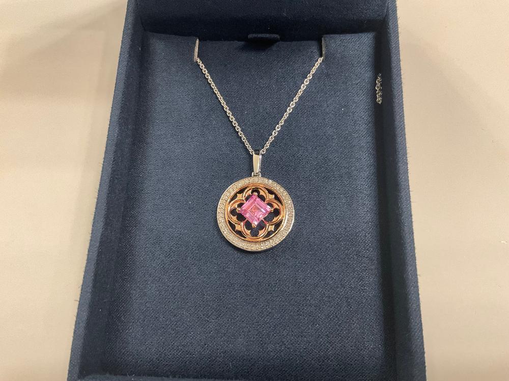 Enchanted Disney Fine Jewelry 14K Rose Gold Over Sterling Silver with 1/5 CTTW Diamond and Created Pink Sapphire Aurora Pendant Necklace - Customer Photo From Anonymous