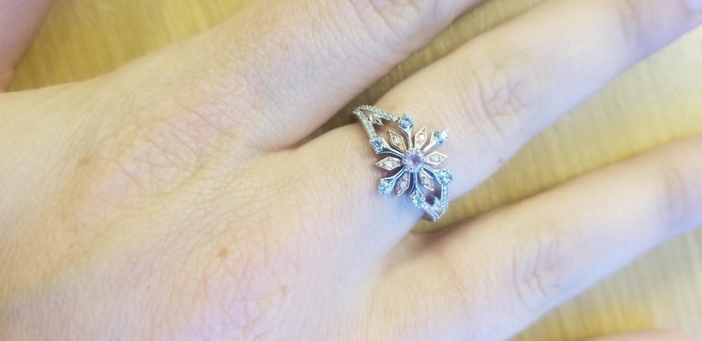 Enchanted Disney Fine Jewelry 14K Rose Gold over Sterling Silver with 1/6cttw Sky Blue Topaz & Rose defiance Elsa Snowflake Ring - Customer Photo From Amanda Hartman