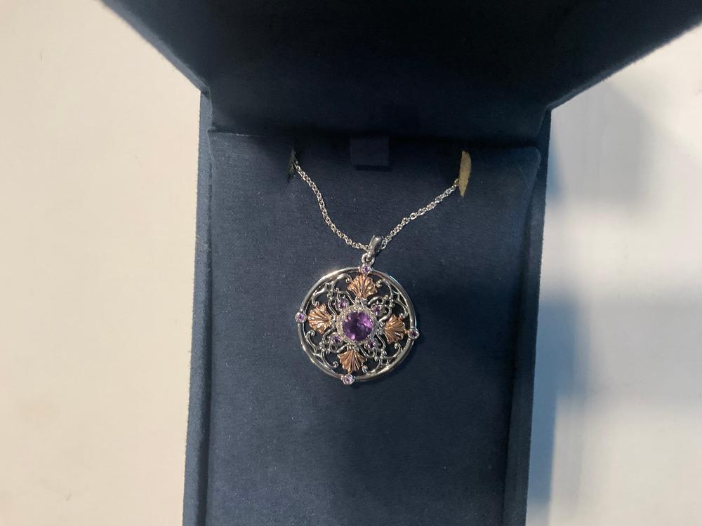 Enchanted Disney Fine Jewelry Sterling Silver and 10k Rose Gold with 1/10 CTTW Diamond and Amethyst Ariel Medallion Shell Pendant Necklace - Customer Photo From Anonymous