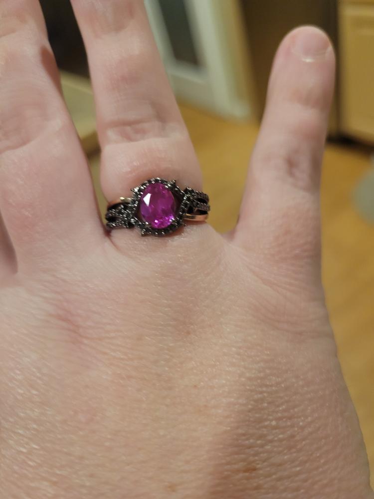 Enchanted Disney Fine Jewelry 14K Rose Gold over Sterling Silver with Black Rhodium with 1/4 CTTW Diamond and Created Pink Sapphire Maleficent Ring - Customer Photo From Chellore Knudtson